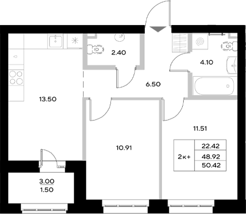 Планировка — Уникод на Технической, 2-комн., 49 м²