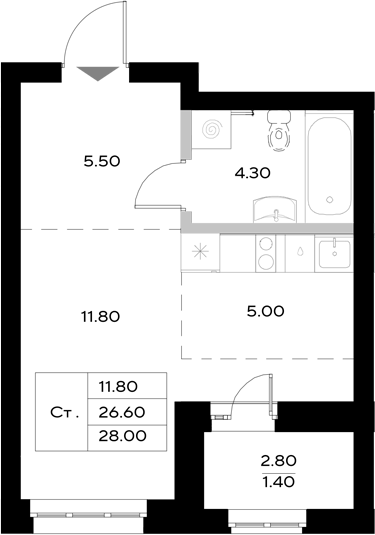 Планировка — Уникод на Технической, Студия, 27 м²