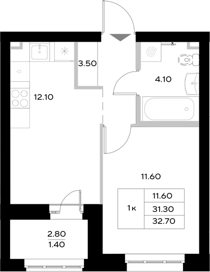 Планировка — Уникод на Технической, 1-комн., 31 м²