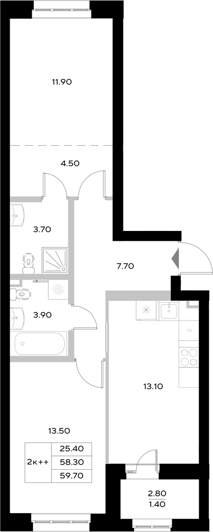 Планировка — Уникод на Технической, 2-комн., 58 м²