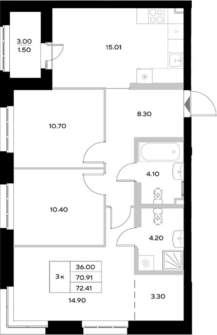 Планировка — Уникод на Технической, 4-комн., 71 м²