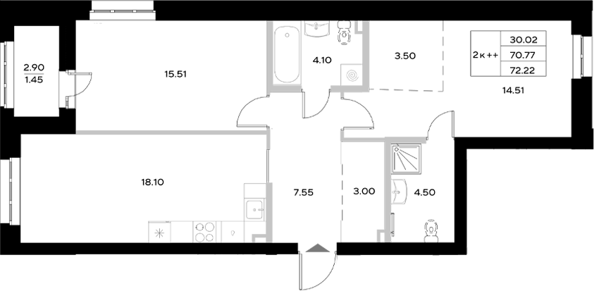 Планировка — Уникод на Технической, 3-комн., 71 м²