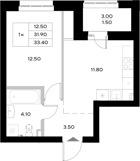 Планировка — Уникод на Технической, 1-комн., 32 м²