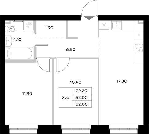 Планировка — Уникод на Технической, 3-комн., 52 м²