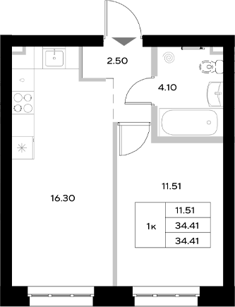 Планировка — Уникод на Технической, 2-комн., 34 м²