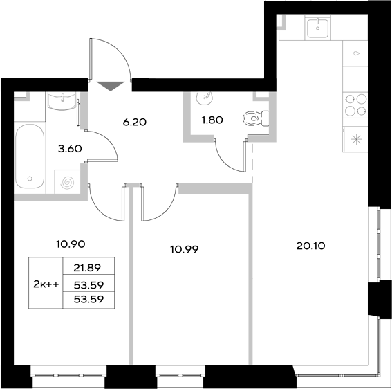 Планировка — Уникод на Технической, 3-комн., 54 м²
