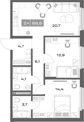 Планировка — Толк Академический, 3-комн., 67 м²