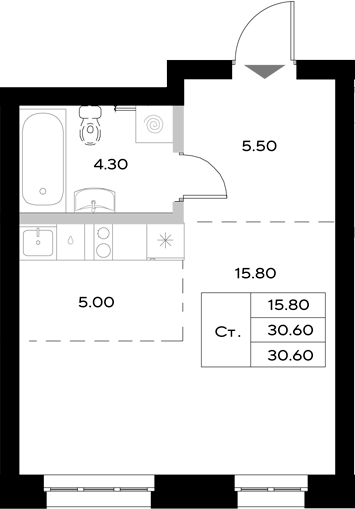 Планировка — Уникод на Технической, Студия, 31 м²