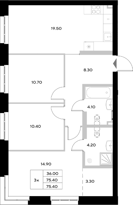 Планировка — Уникод на Технической, 4-комн., 75 м²