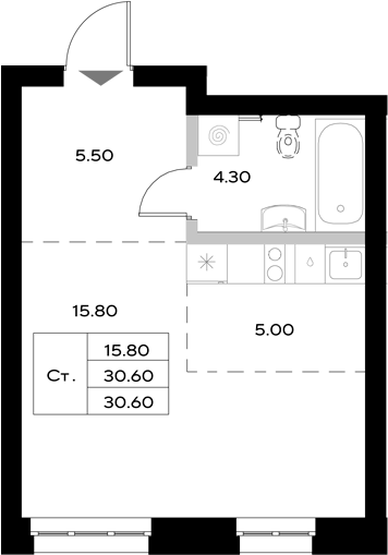 Планировка — Уникод на Технической, Студия, 31 м²