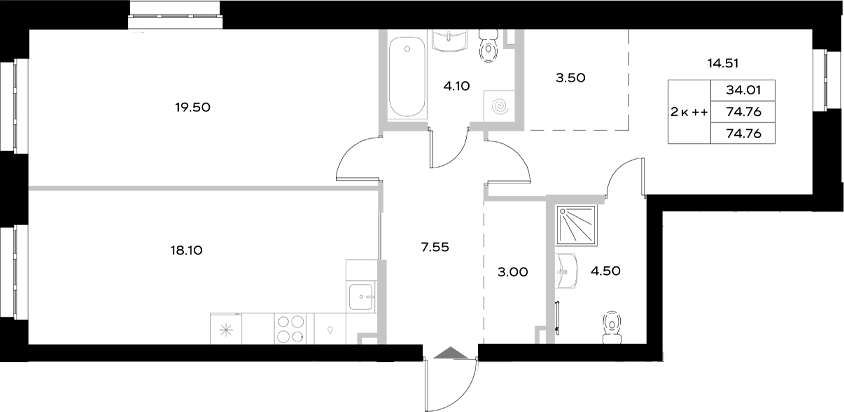 Планировка — Уникод на Технической, 3-комн., 75 м²