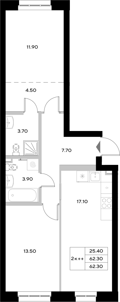 Планировка — Уникод на Технической, 3-комн., 62 м²