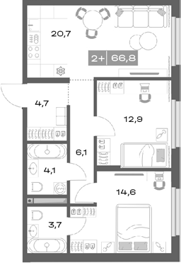 Планировка — Толк Академический, 3-комн., 67 м²