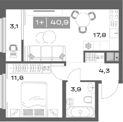 Планировка — Толк Академический, 2-комн., 38 м²