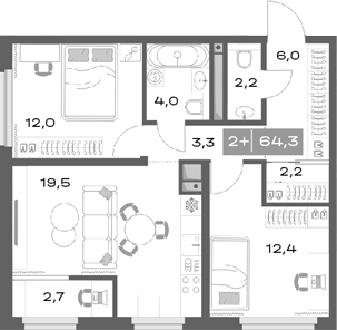 Планировка — Толк Академический, 3-комн., 62 м²