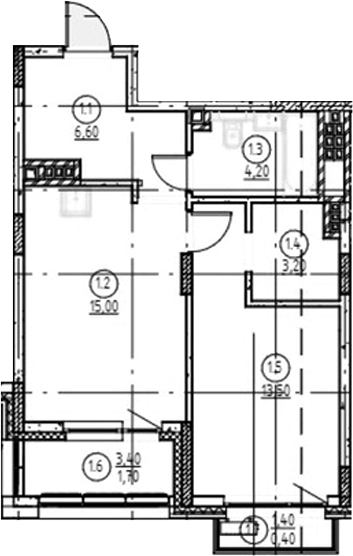 Планировка — Форест, 2-комн., 43 м²