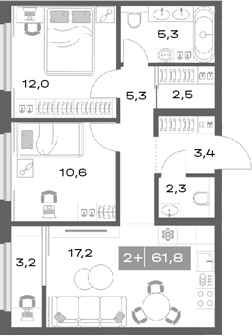 Планировка — Толк Академический, 3-комн., 59 м²