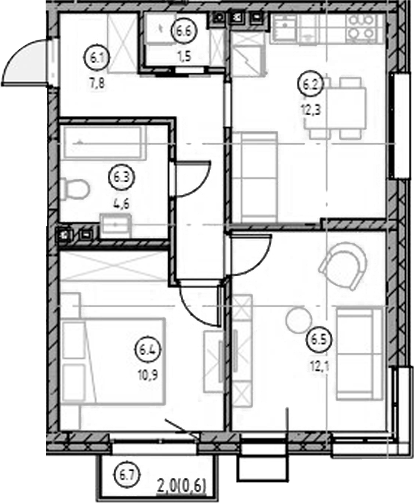 Планировка — Форест, 2-комн., 49 м²