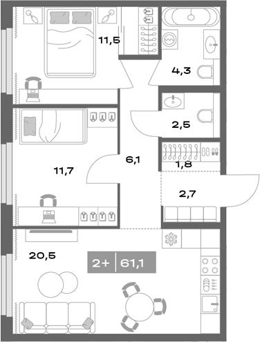 Планировка — Толк Академический, 3-комн., 61 м²