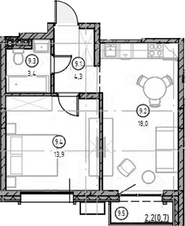 Планировка — Форест, 2-комн., 40 м²