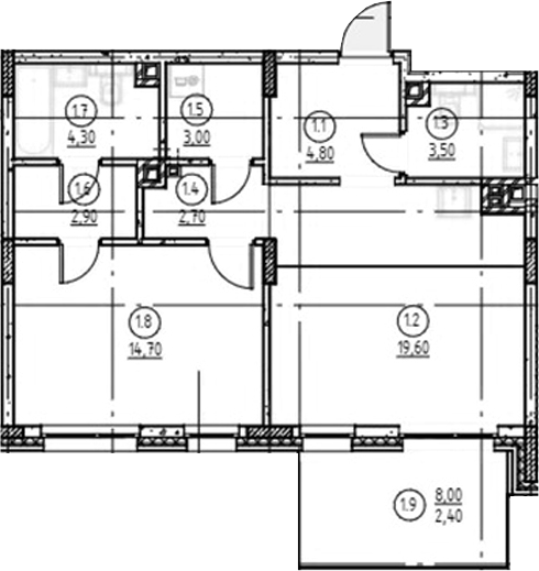 Планировка — Форест, 2-комн., 56 м²