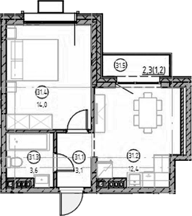 Планировка — Форест, 1-комн., 33 м²