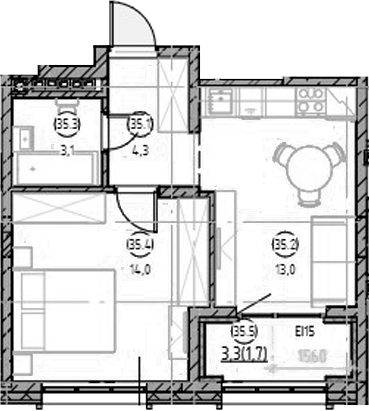 Планировка — Форест, 1-комн., 34 м²