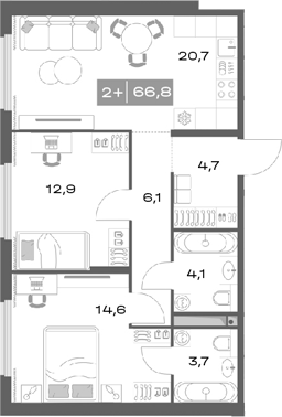Планировка — Толк Академический, 3-комн., 67 м²