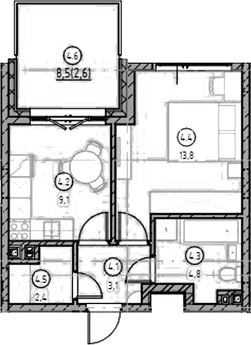 Планировка — Форест, 1-комн., 33 м²