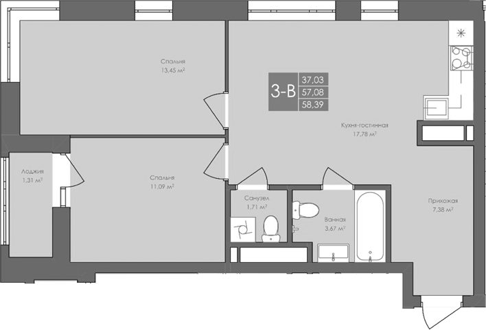 Планировка — Атом, 3-комн., 57 м²