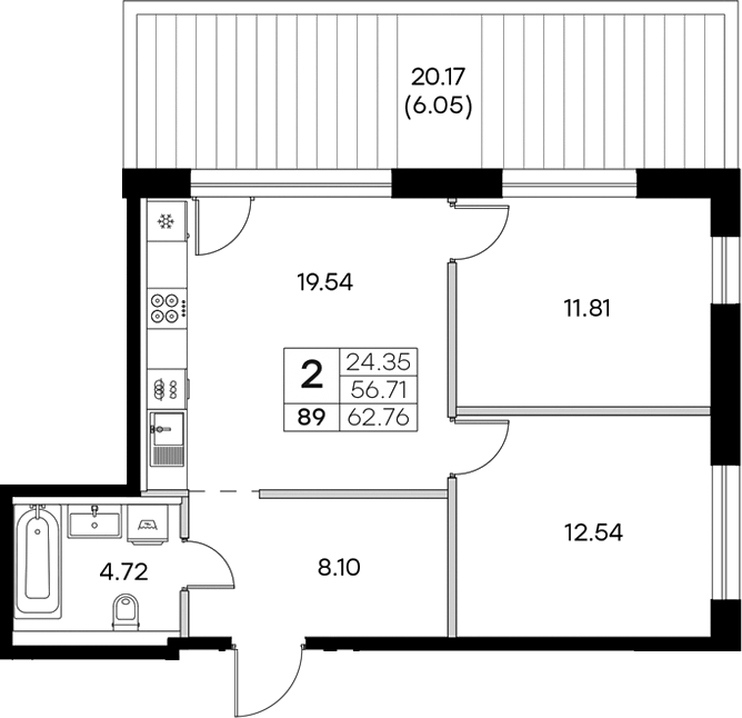 Планировка — Экосити Резиденции, 3-комн., 57 м²
