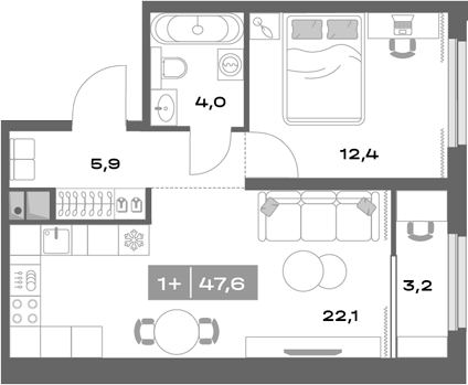 Планировка — Толк Академический, 2-комн., 44 м²