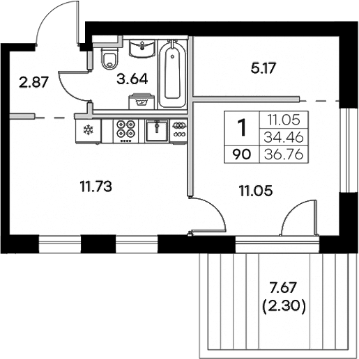 Планировка — Экосити Резиденции, 1-комн., 34 м²