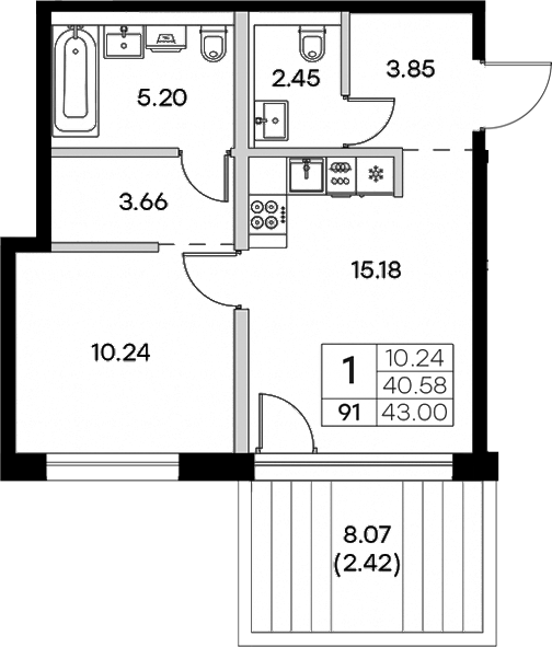 Планировка — Экосити Резиденции, 2-комн., 41 м²