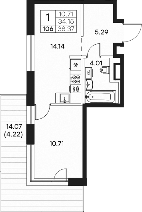 Планировка — Экосити Резиденции, 1-комн., 34 м²