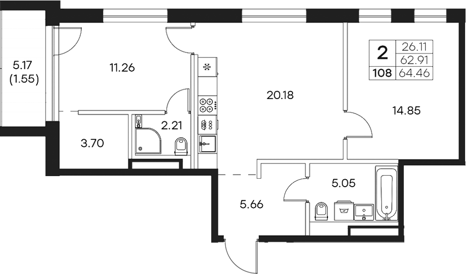 Планировка — Экосити Резиденции, 3-комн., 63 м²