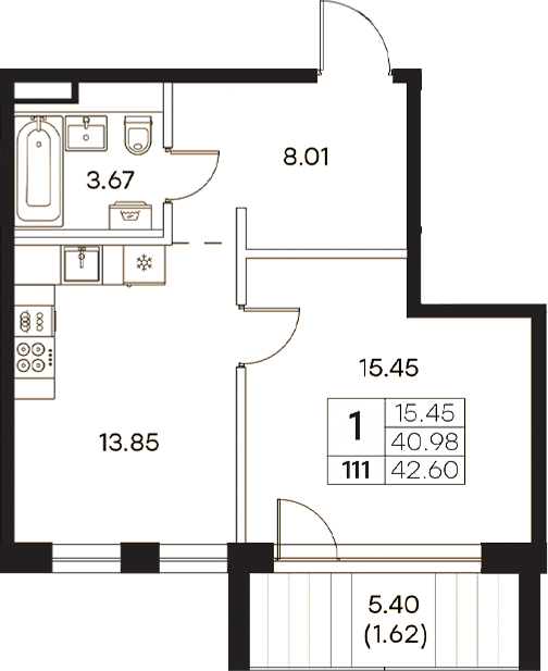 Планировка — Экосити Резиденции, 1-комн., 41 м²