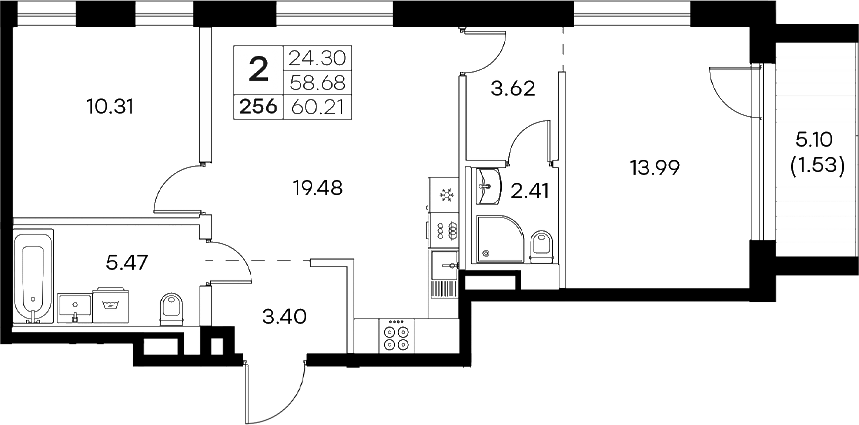 Планировка — Экосити Резиденции, 3-комн., 59 м²
