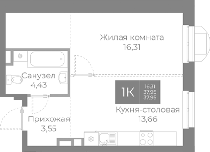 Планировка — Северный, 1-комн., 38 м²