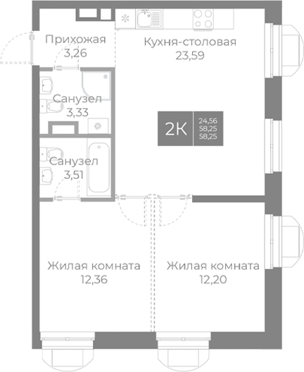 Планировка — Северный, 3-комн., 58 м²