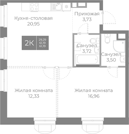 Планировка — Северный, 3-комн., 61 м²