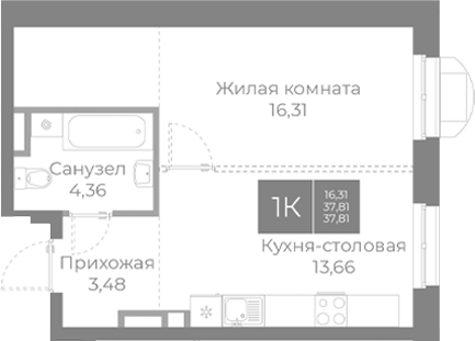 Планировка — Северный, 1-комн., 38 м²