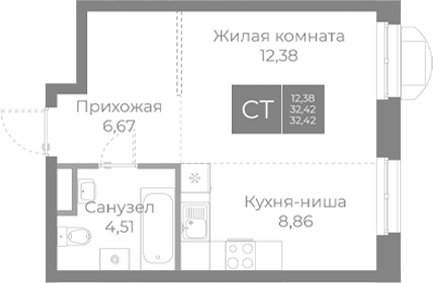 Планировка — Северный, Студия, 32 м²