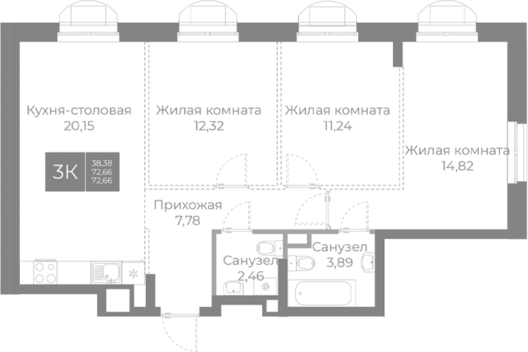 Планировка — Северный, 4-комн., 73 м²
