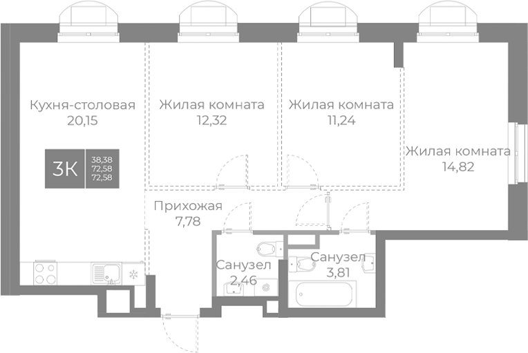 Планировка — Северный, 4-комн., 73 м²