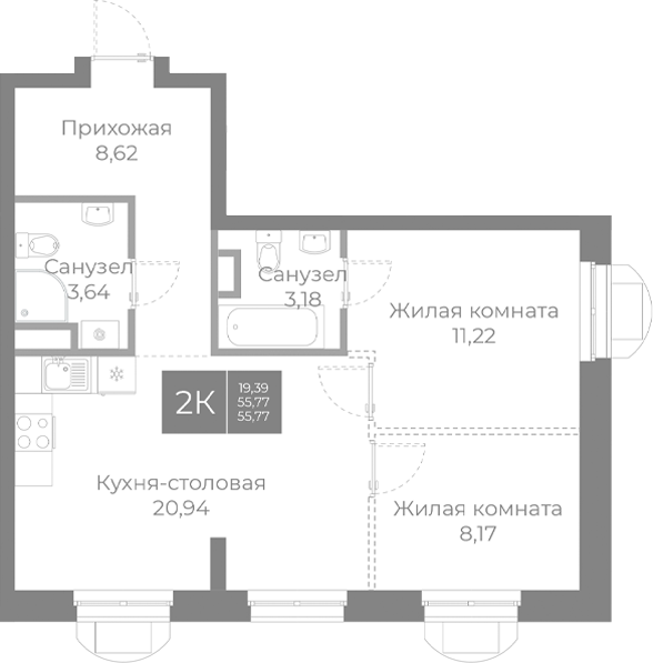 Планировка — Северный, 3-комн., 56 м²