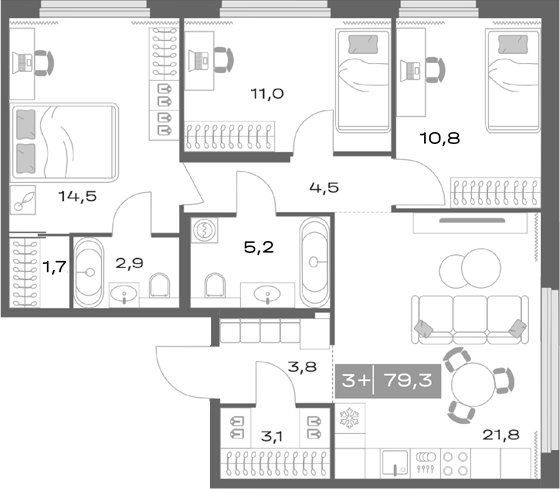 Планировка — Толк Академический, 4-комн., 79 м²