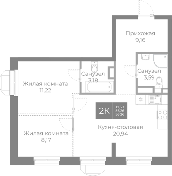 Планировка — Северный, 3-комн., 56 м²