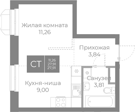 Планировка — Северный, Студия, 28 м²