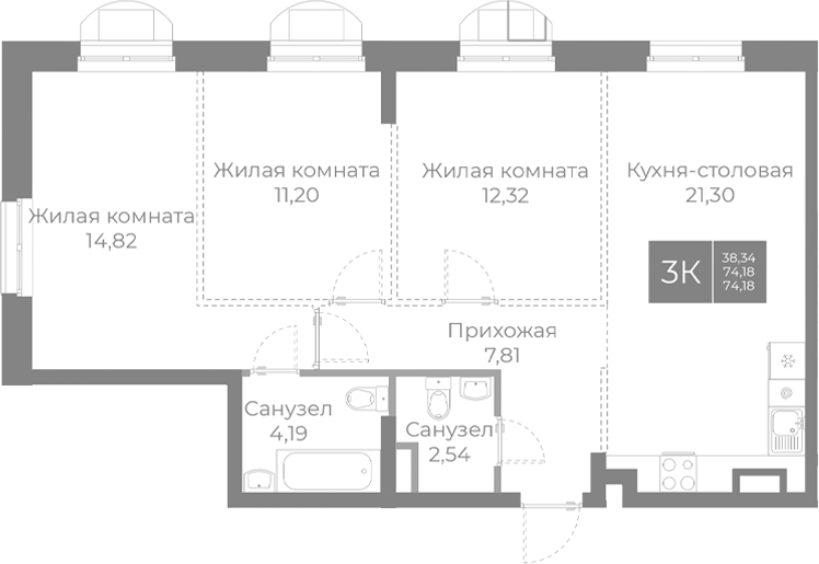 Планировка — Северный, 4-комн., 74 м²